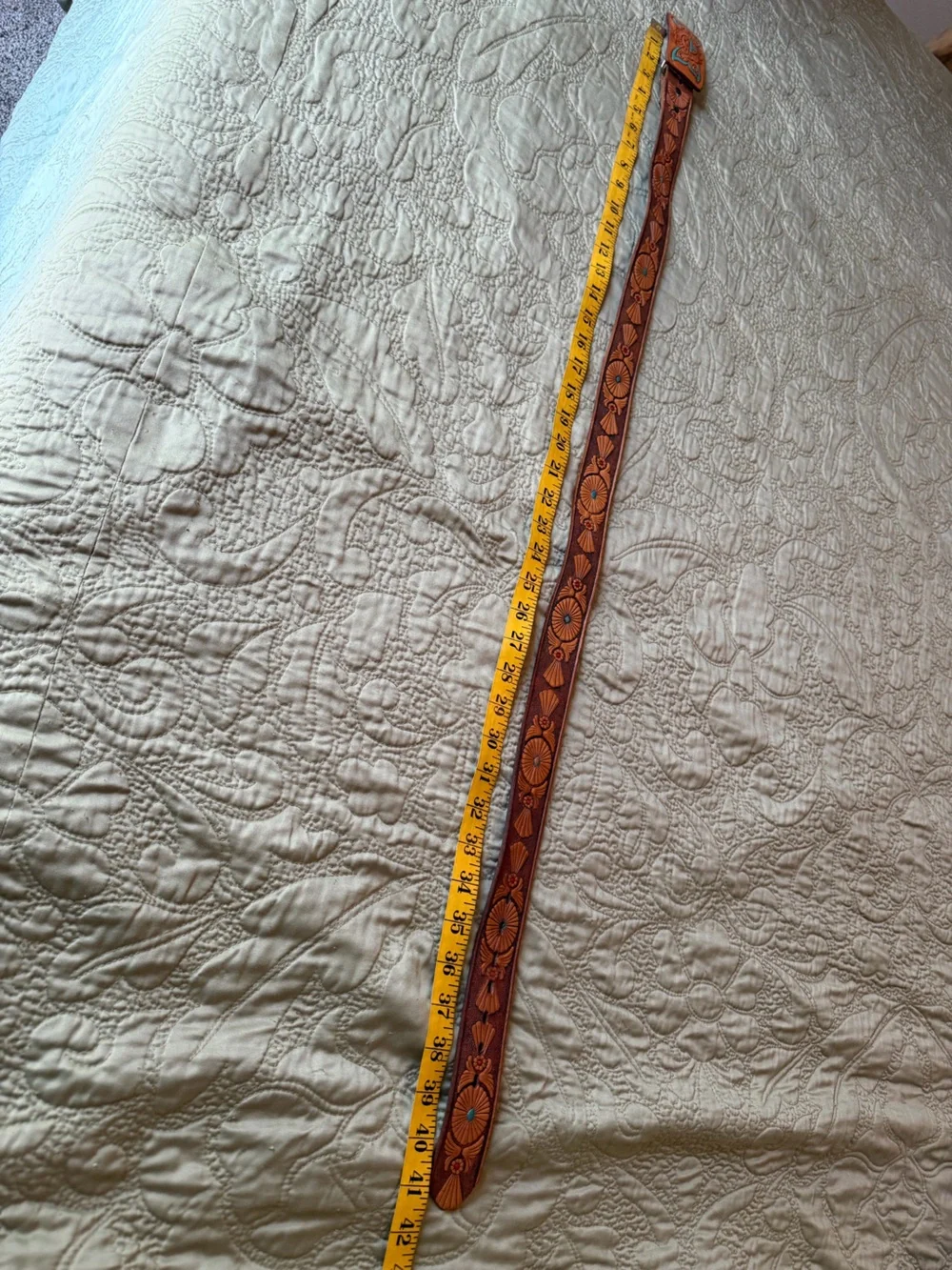 Stunning VTG Tooled Leather Zuni Sun Hand Painted Western Boho Belt Aztec, L